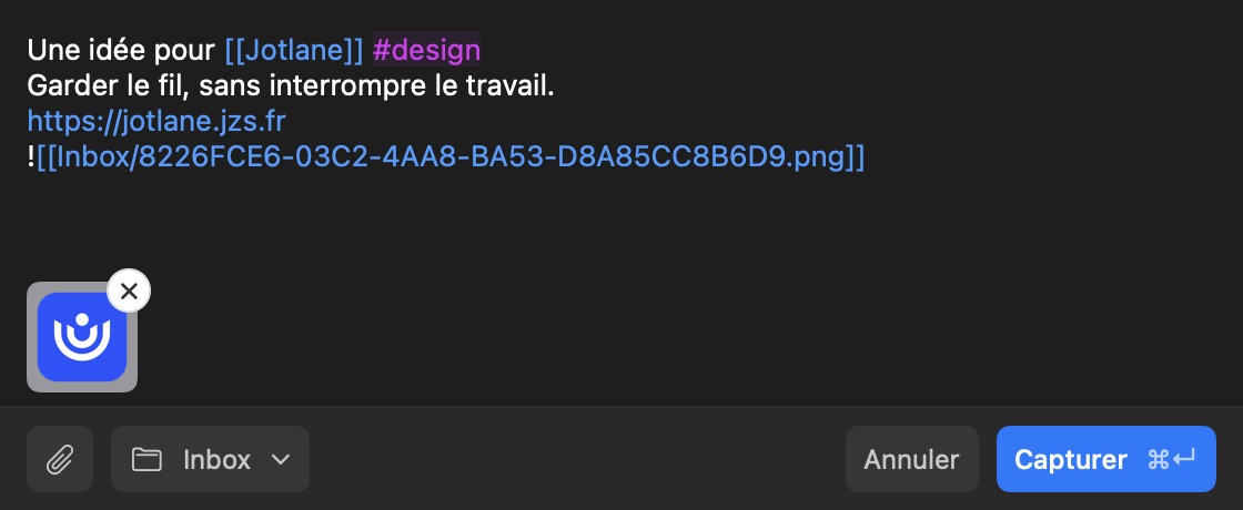 La fenêtre Jotlane avec une capture mêlant texte, image et lien vers Obsidian.